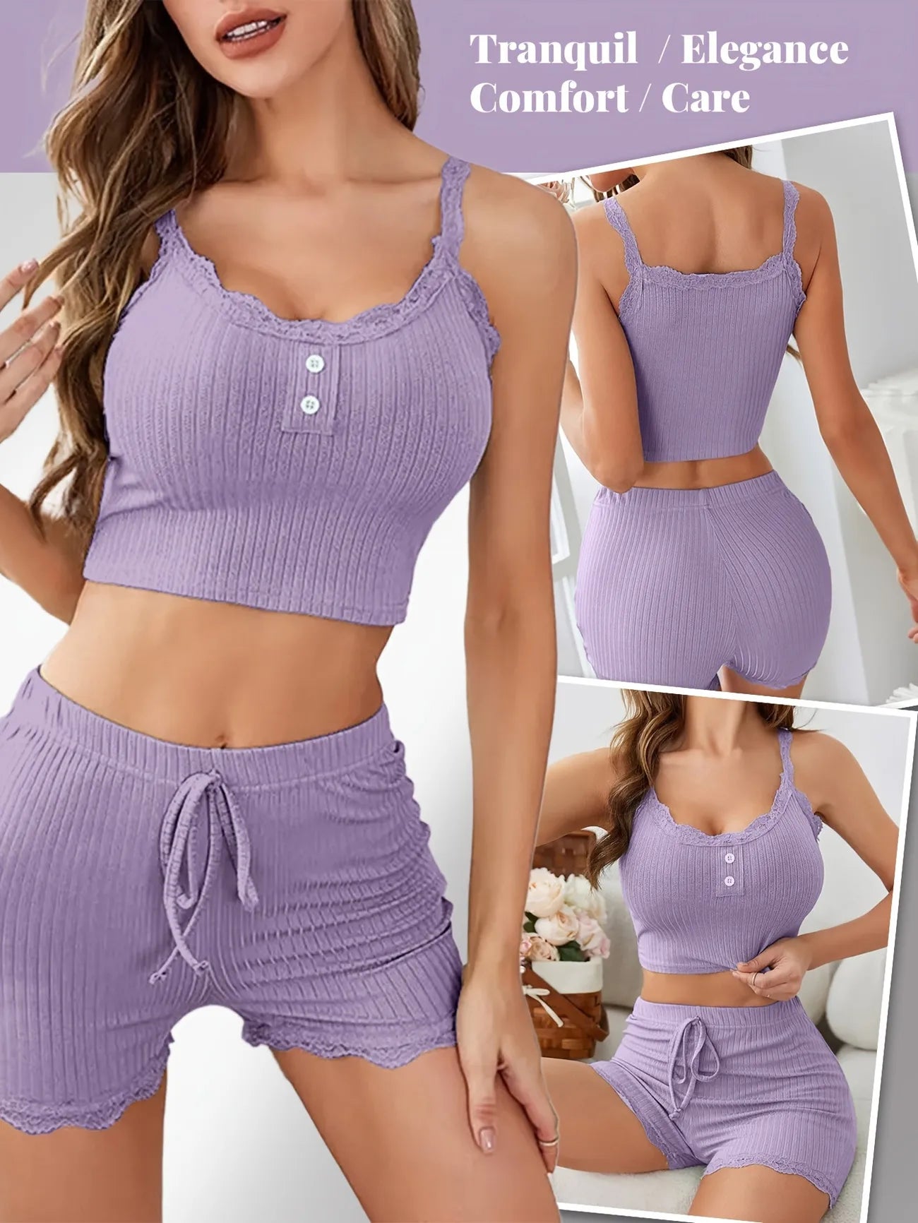 Sexy Women Summer Pajama Set Ribbed Lace Trim Backless Crop Cami Top and Shorts Slim Fit Sleepwear Nightwear Lounge Set