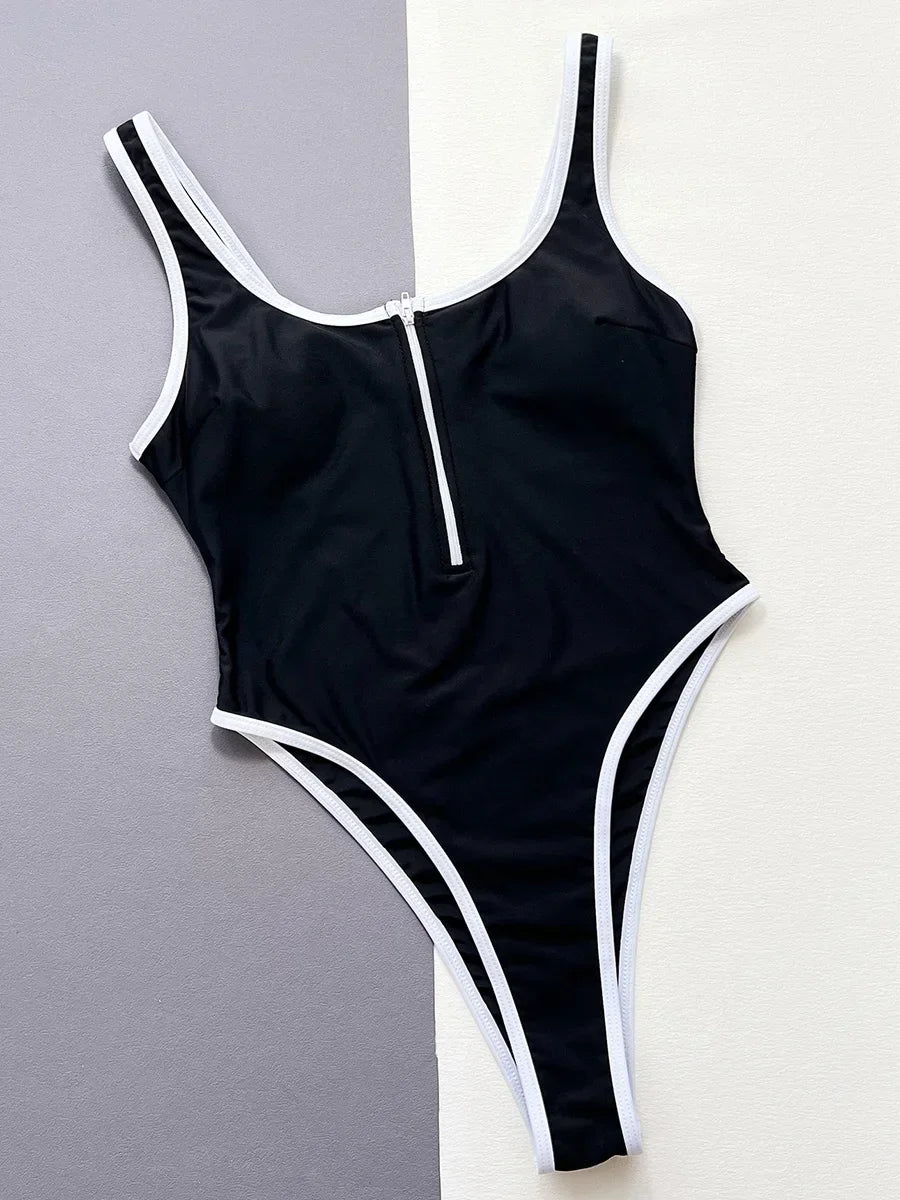 2026 Sexy High Cut Zipper Splicing Women Swimwear One Piece Swimsuit Female Monokini Black Contrast Bathing Suit Swim Beach Wear