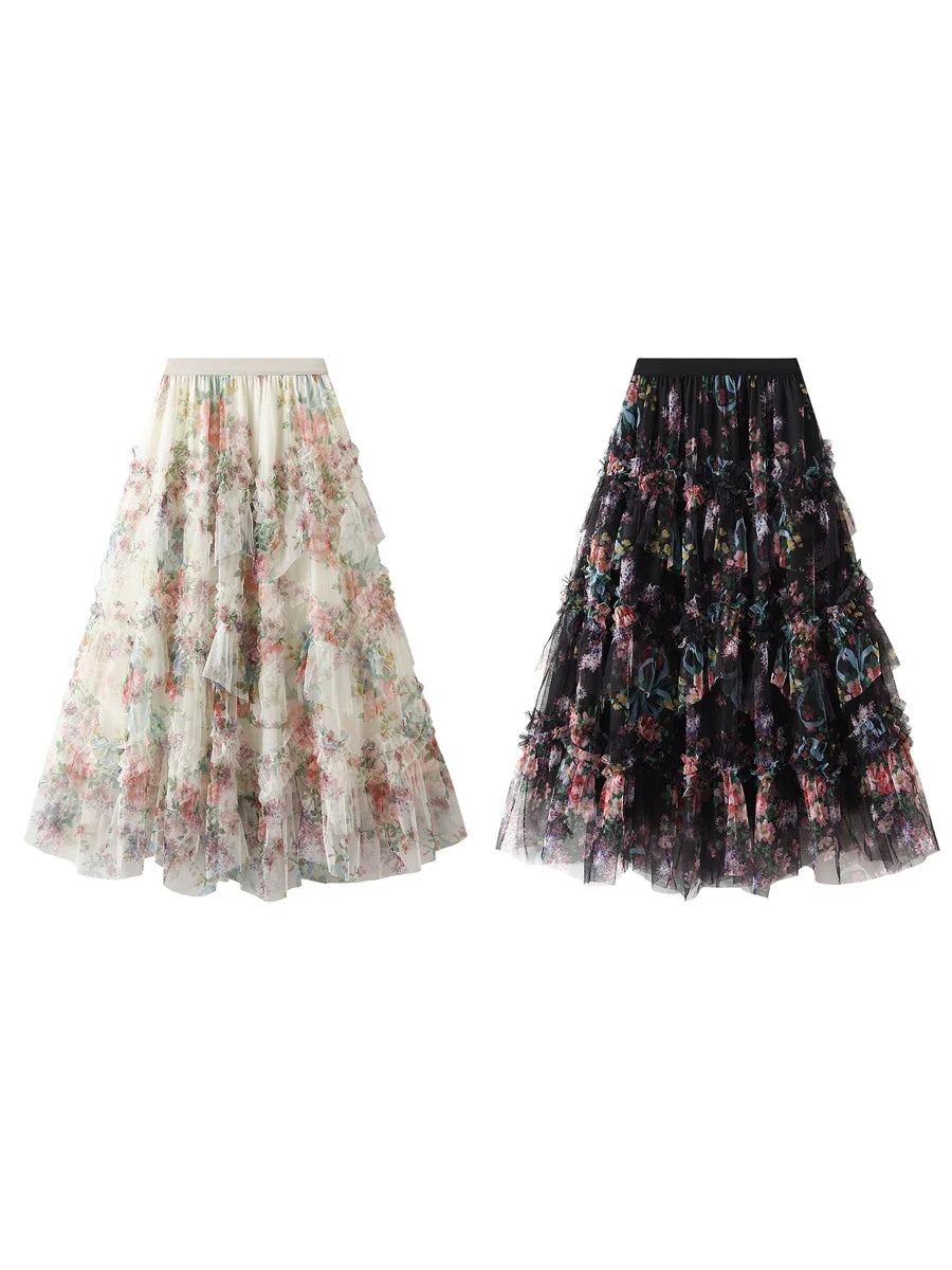 Early Fall Floral Print Ruffle Mesh Skirt Women Irregular Flowy A-line Midi Skirt for Travel, Beach, Shopping