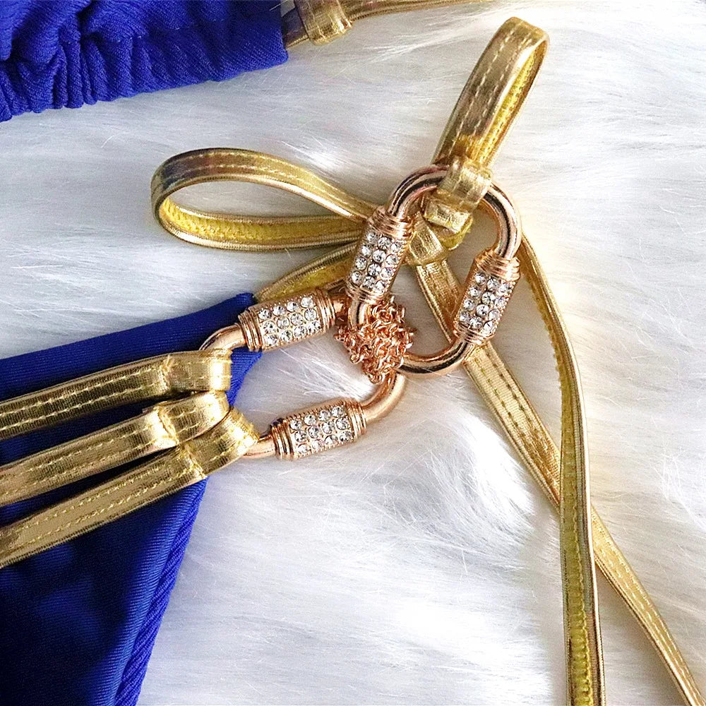 Bikini 2026 Sexy Backless Golden Rhinestone Metal Strap Hollow Swimwear Swimsuit Women Halter Bikinis Set Bathing Suit Banadores