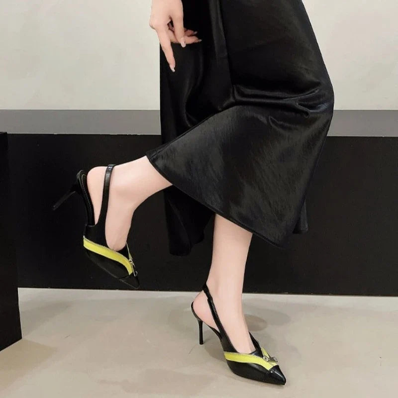 2026 Spring Summer New Zipper Patchwork Pointed Toe High Heel Sandals Vintage Design Versatile Elegant Single Shoes Women Chic