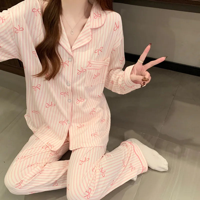 Spring Autumn New Women's Pajamas Long Sleeved Long Pants Sweet Printed 2-piece Set Casual Home Cardigan Nightgown