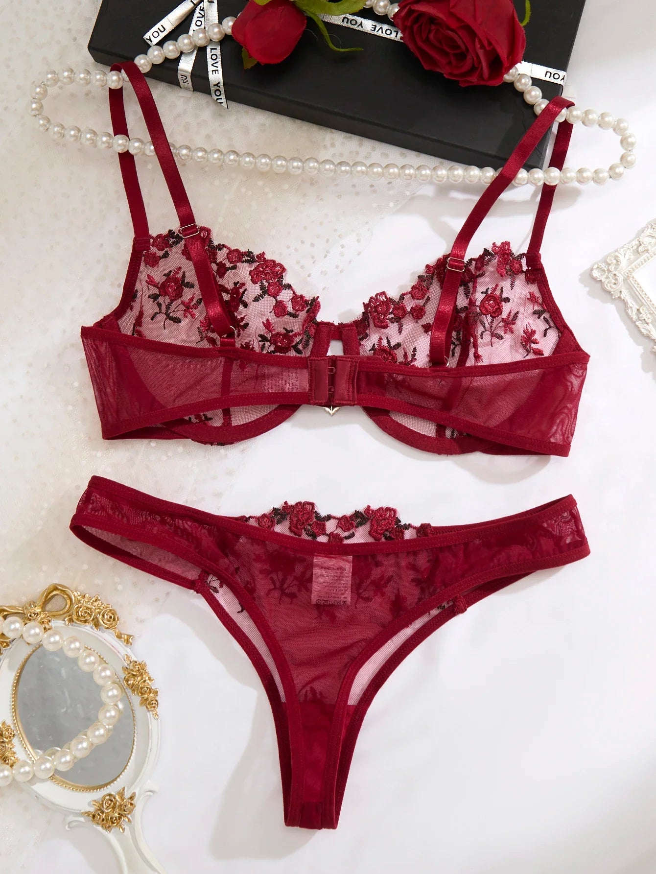 French vintage wine-red rose embroidery lingerie set - net sheer bra + T-shirt - sexy sensual women's lingerie ZA824026