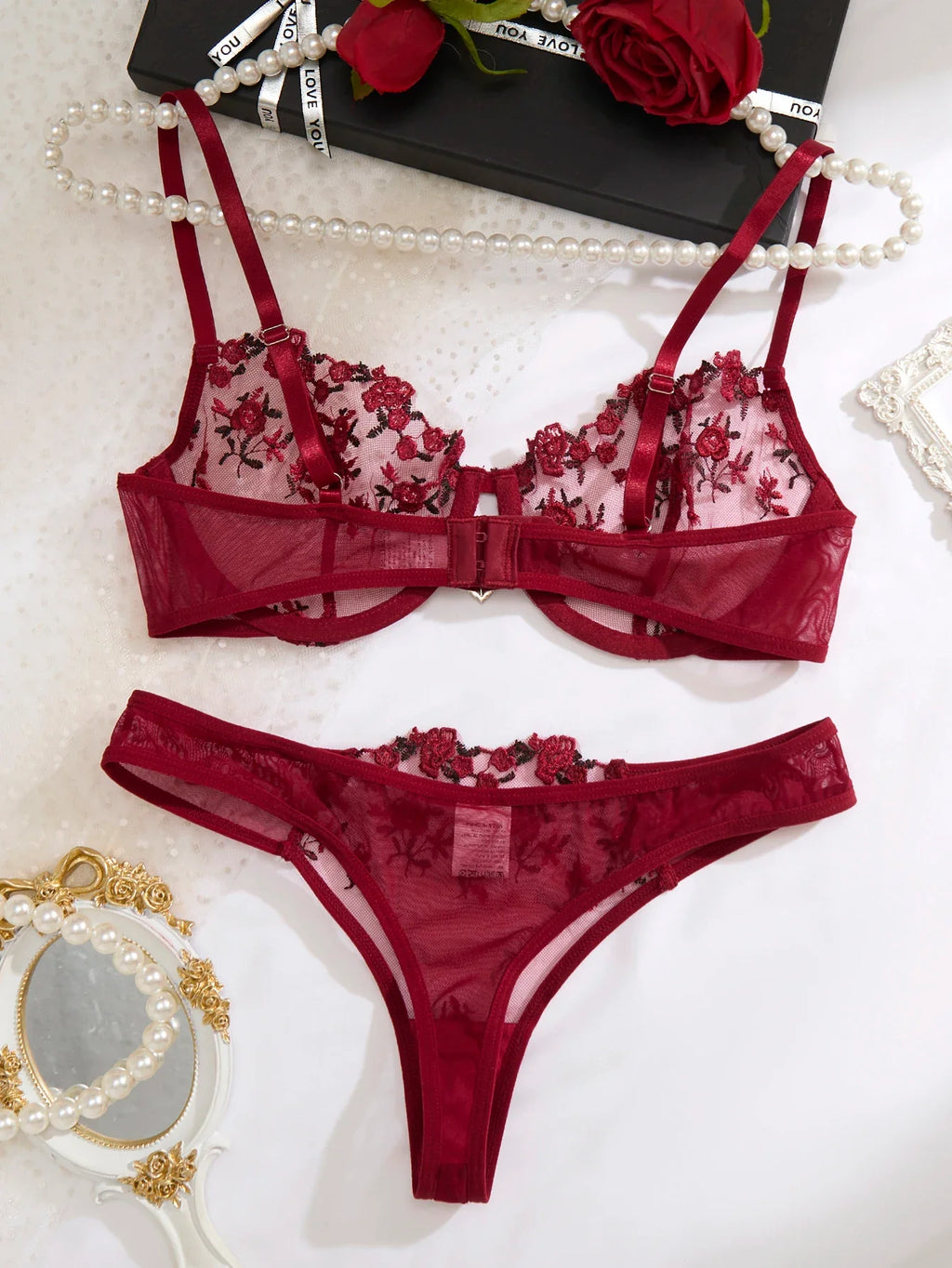 French vintage wine-red rose embroidery lingerie set - net sheer bra + T-shirt - sexy sensual women's lingerie ZA824026