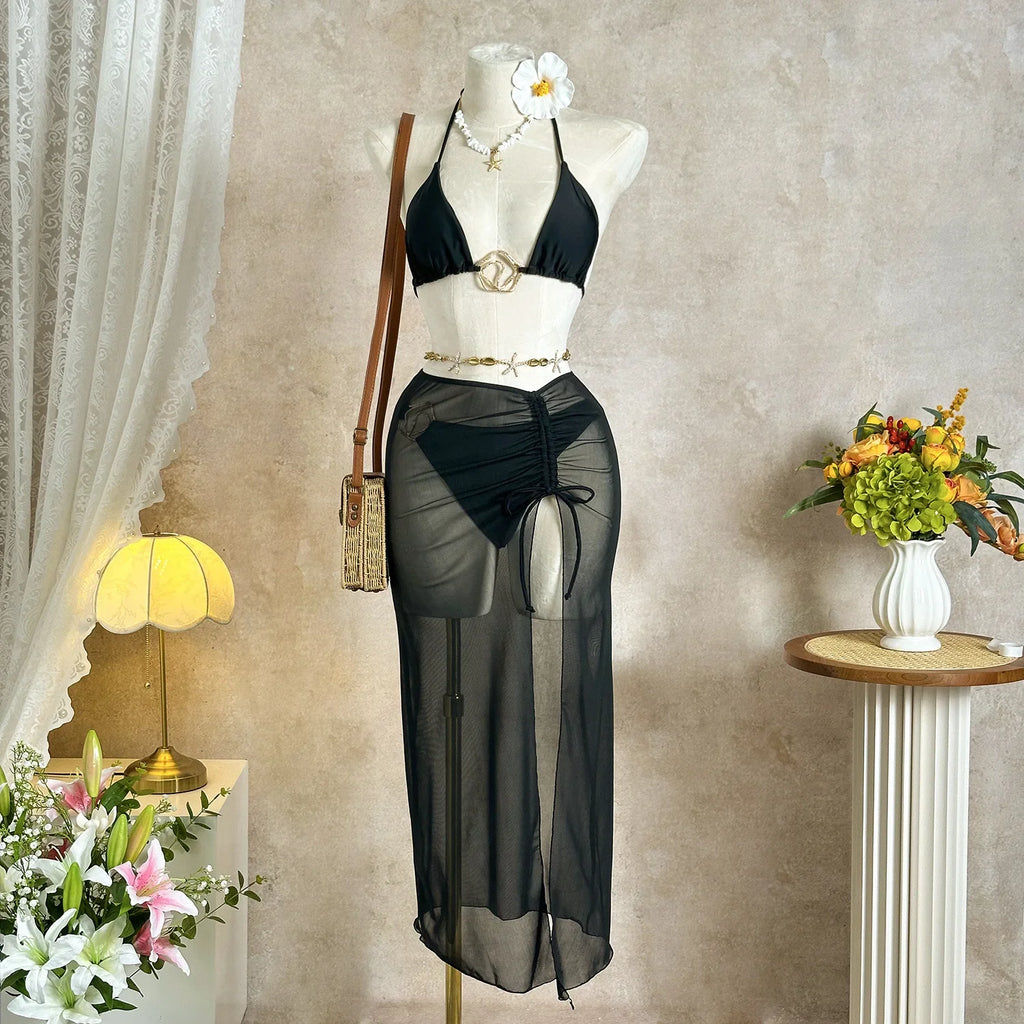 Sexy Black Mesh Long Skirt 3 Piece Bikini Set Women White Metal Ring Linked Push Up Bra Swimsuit Holiday Bathing Suits Swimwear