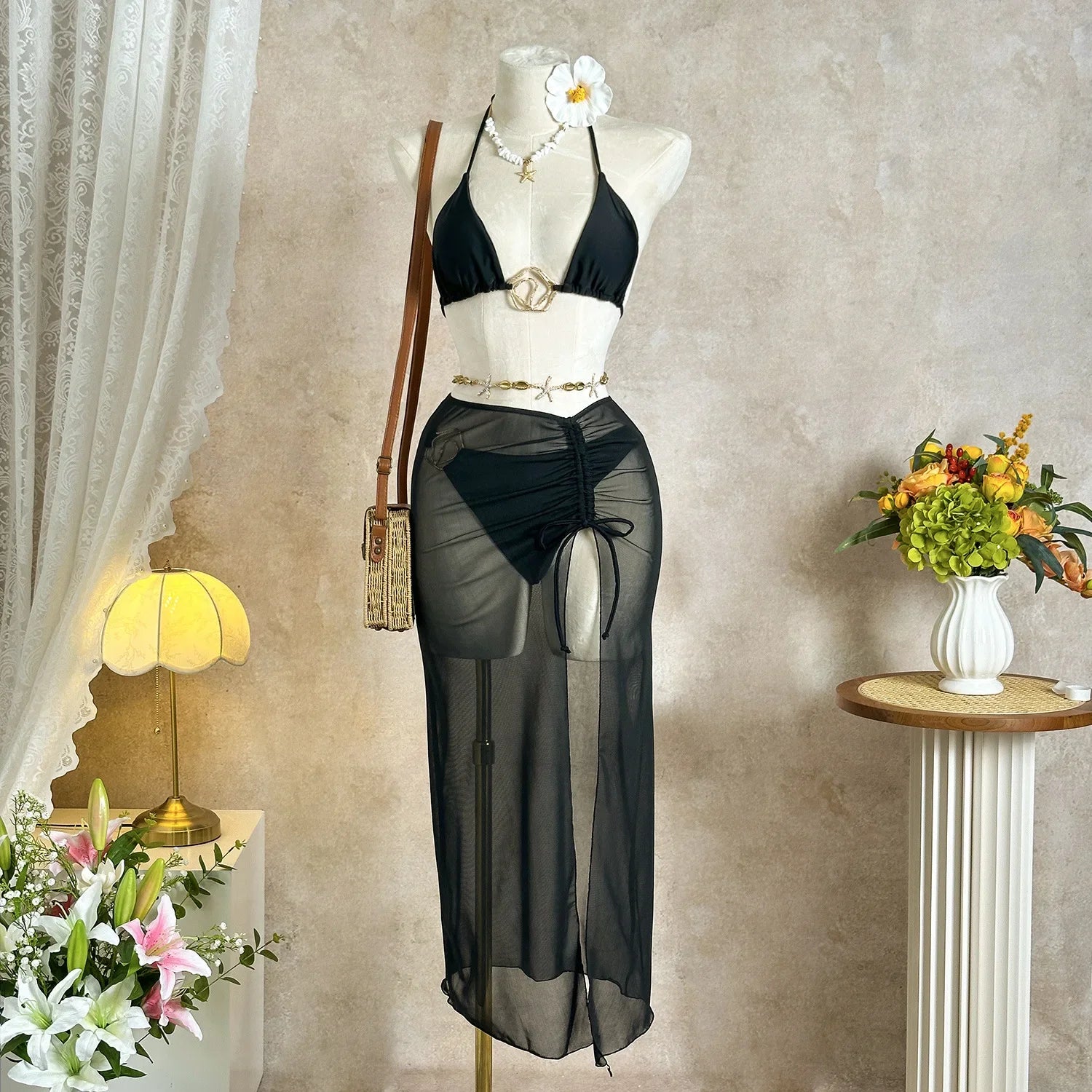 Sexy Black Mesh Long Skirt 3 Piece Bikini Set Women White Metal Ring Linked Push Up Bra Swimsuit Holiday Bathing Suits Swimwear