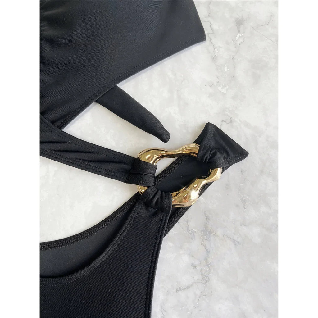 Sexy Tummy Cut Out Leopard Snakeskin Women Swimwear One Piece Swimsuit Female Halter High Cut Leg Bather Bathing Suit Swim V7972
