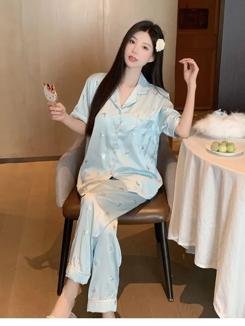 Women's padded pajamas spring and summer three-piece silk home clothes can be worn outside