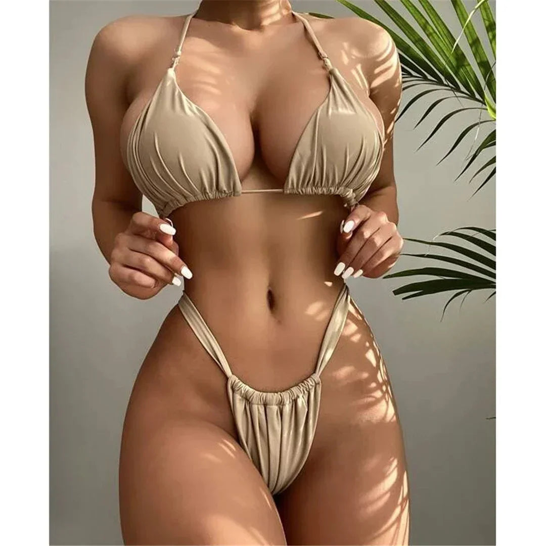 PU Pleated Ruched Bikinis Mini Micro Thong Bikini Women Swimwear Female Swimsuit Two-pieces Bikini Set Halter Bathing Suit Swim