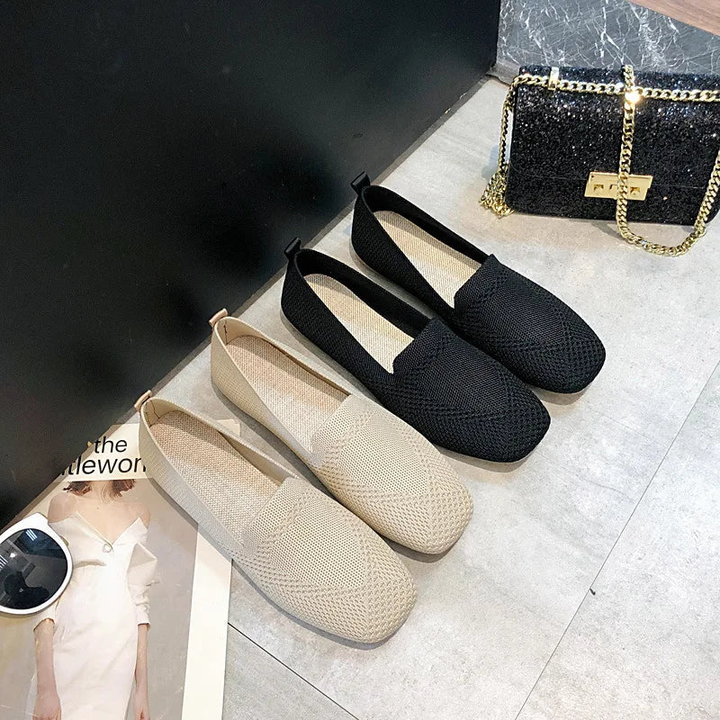 Spring and Autumn Flat Shoes Fashion Leisure Women's Flat Shoes Square Toe Knitting Elastic Comfortable Slip-on Boutique Shoes