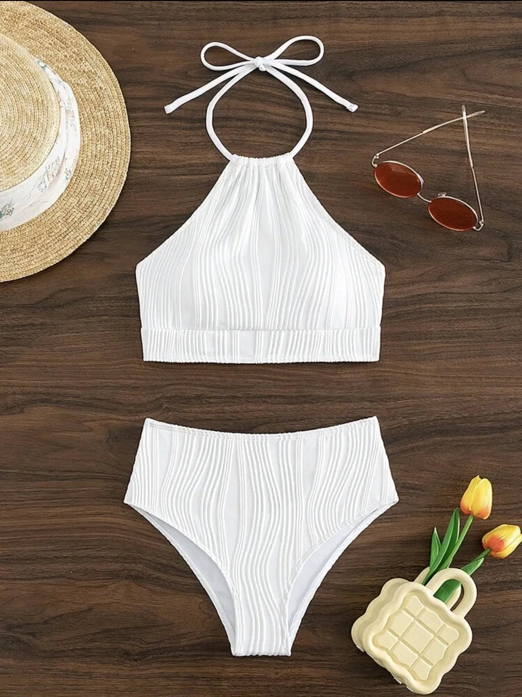 2026 Sexy High Wasited Swimsuit Women Solid White Bikini High Neck Swimwear Female Bathers Bathing Swimming Swim Suit Beachwear