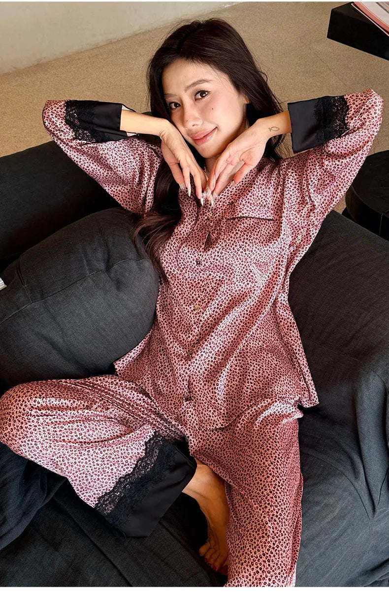 2026 Pajamas for Women Ice Silk Sexy Lace Small Leopard Print Long Sleeve Home Clothes Pajamas Set Can Be Weared Outside
