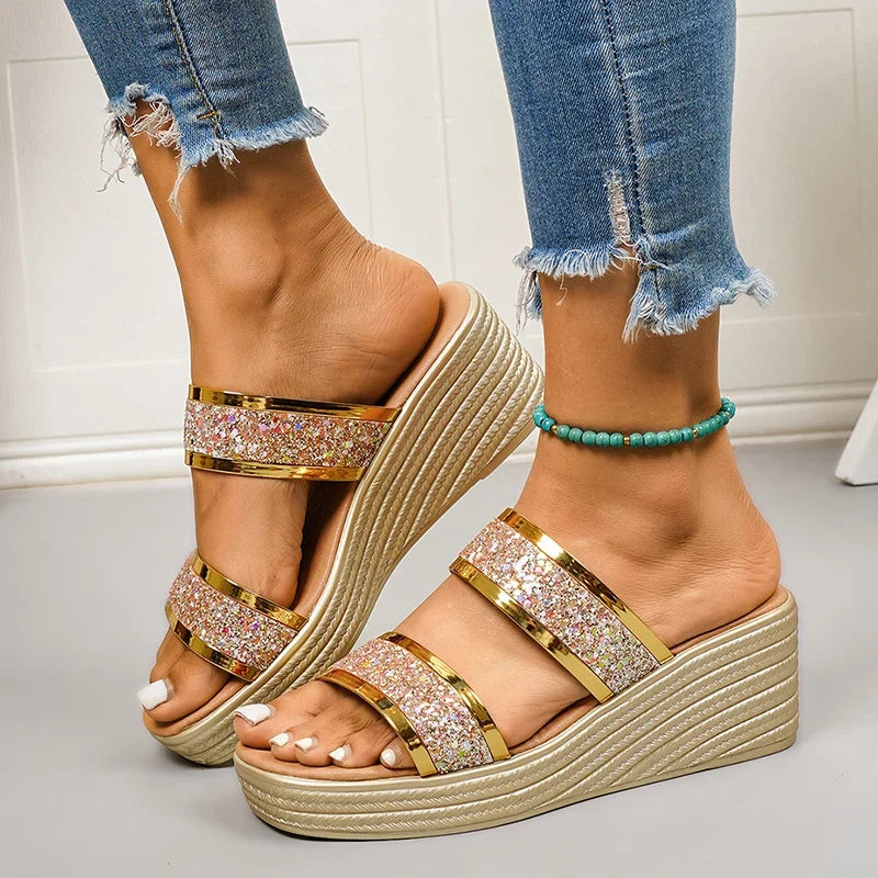 Shiny Sequin Wedge High Heels Sandals Women Plus Size Gold Chunky Platform Slippers Woman Lightweight Thick Sole Summer Sandles