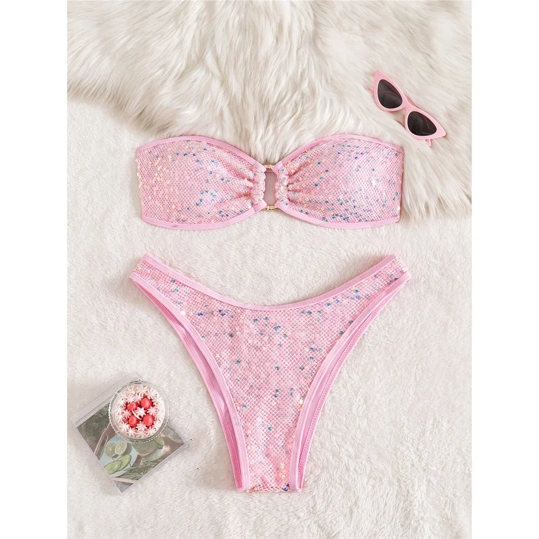 Sequins Shiny Bling Bandeau Bikini Female Swimsuit Women Swimwear Two-pieces Bikini set Brazilian Bather Bathing Suit Swim K7311