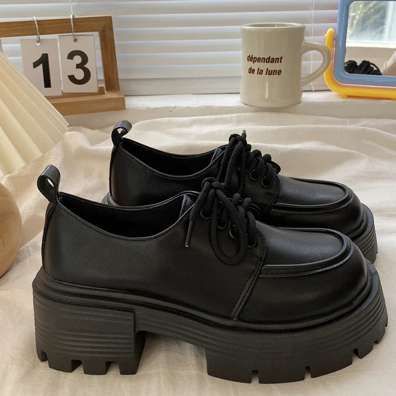 Retro Pu Leather Platform Oxford Shoes Women Japanese Style Thick Sole Black Student Shoes Woman Lace Up Thick Heel Pumps Female
