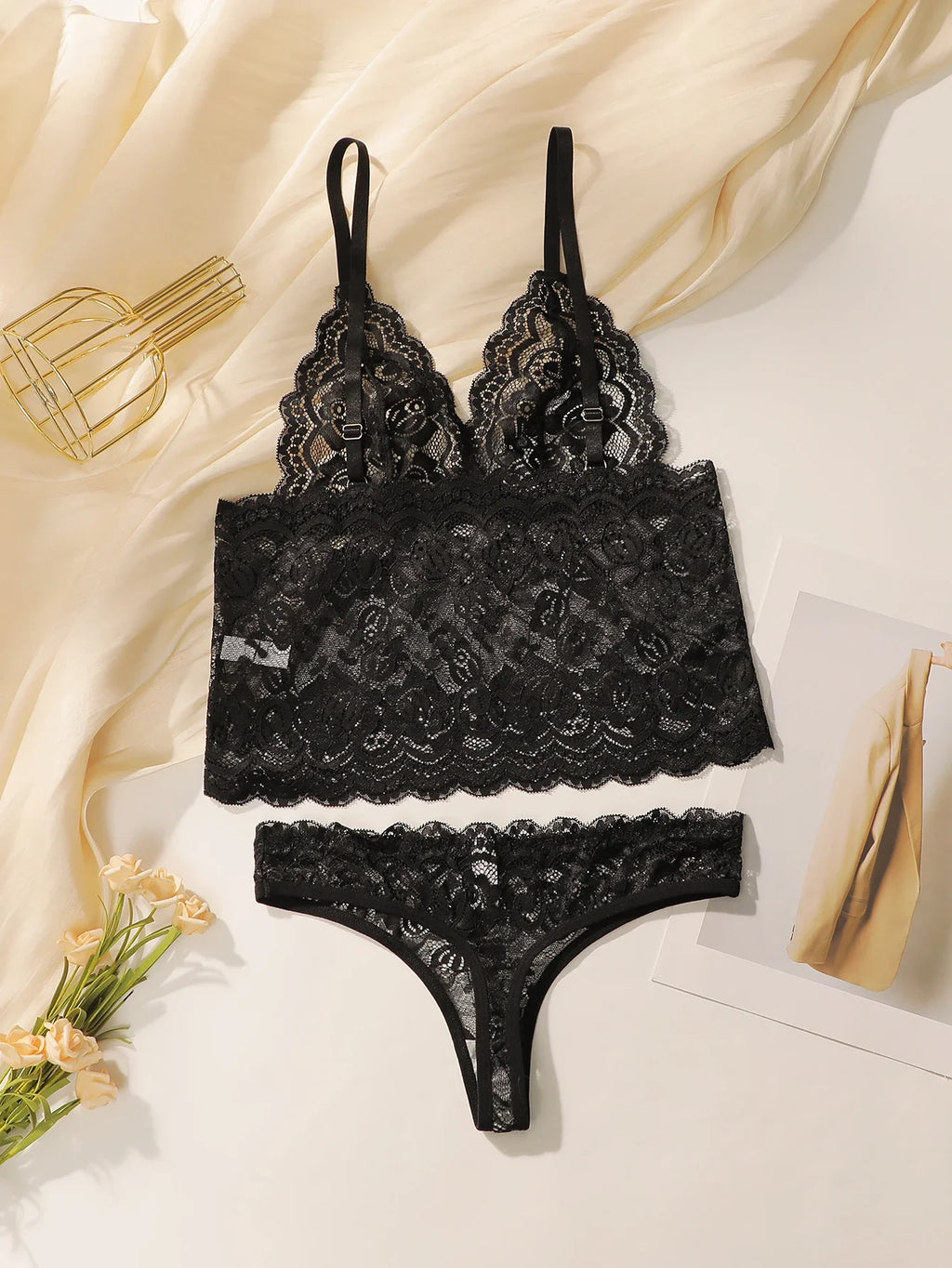 Women's Sexy Lace Set Push Up Embroidered Flower Fun Transparent Underwear Seamless Comfortable Close Fitting Underwear Set 2099