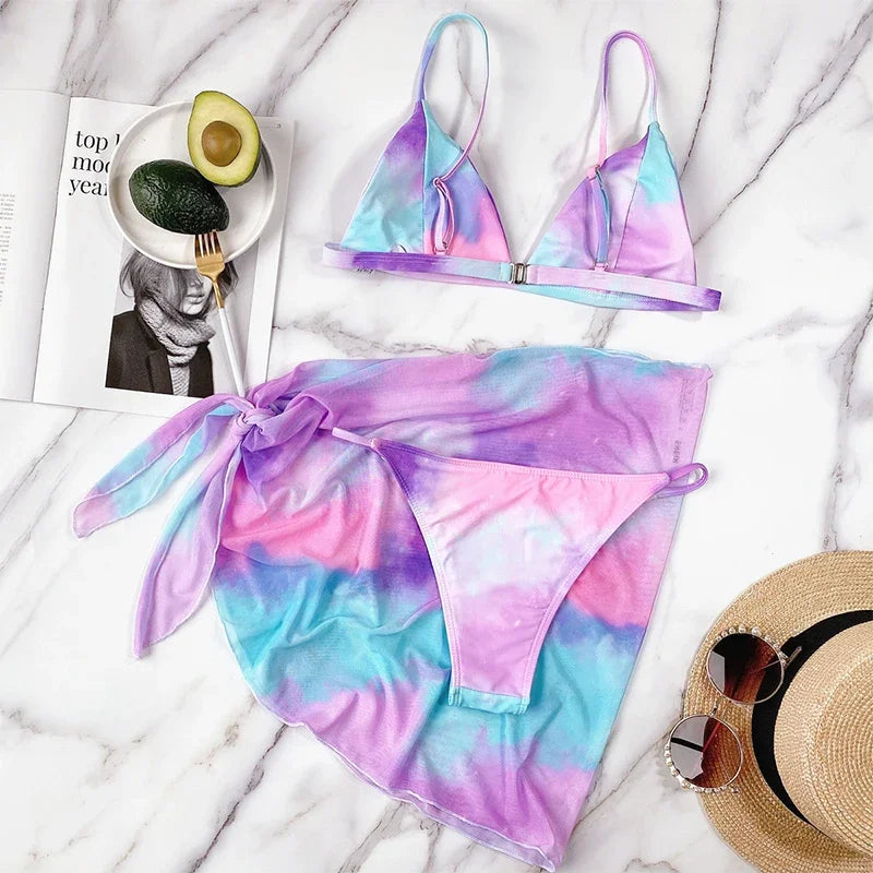With Mesh Skirt Sarong Tie Dye Micro Bikini Women Swimsuit Female Swimwear Three Pieces Bikini Set Bathing Suit Swim Beachwear