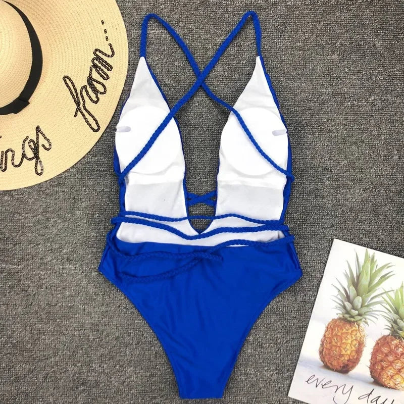 Sexy Deep V Neck Wrap Around Female Swimwear One Piece Swimsuit Women Backless Monokini High Leg Cut Bathing Suit Swim Beachwear