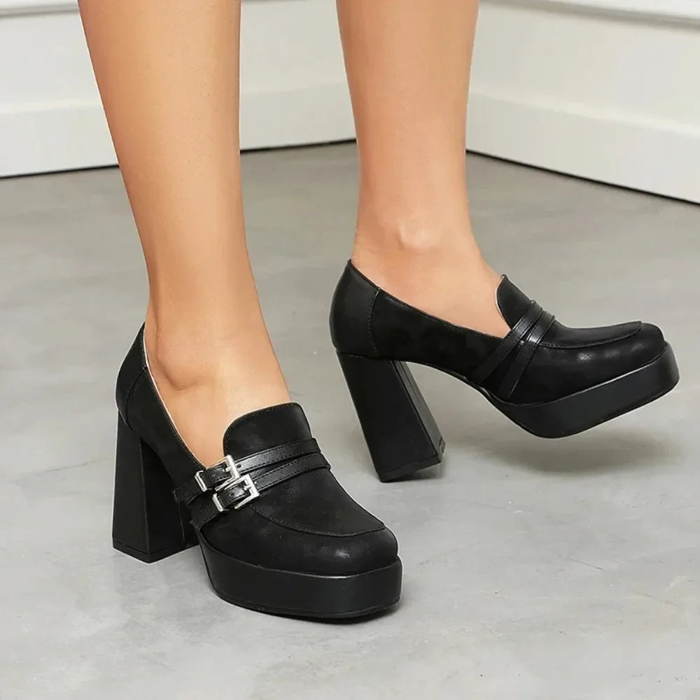 Square Toe Platform Double-Layer Buckle Shallow Sleeve Office Pumps Ultra-High Thick Heel Breathable High Heels