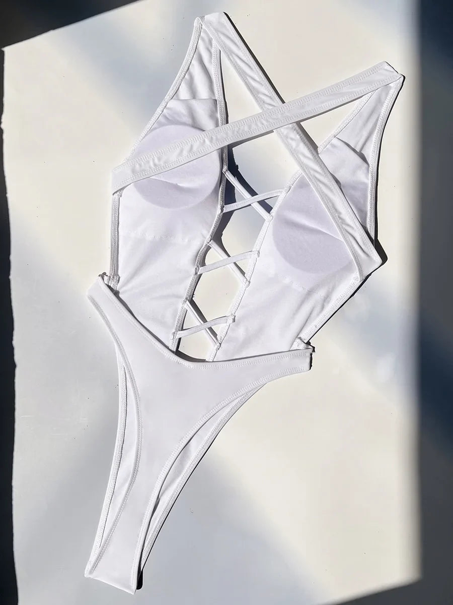 Deep V Neck Criss Cross Backless One Piece Swimsuit Women Thong Swimwear Female High Leg Cut Monokini Bather Bathing Suit Swim