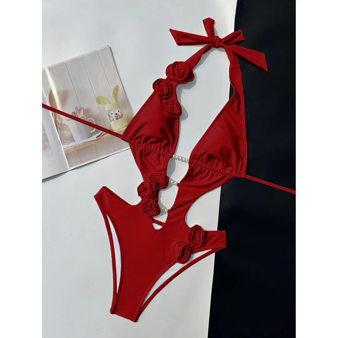 Sexy 3D Flowers Deep V Neck Halter Women Swimwear One Piece Swimsuit Female High Cut Leg Monokini Bather Bathing Suit Swim V6986