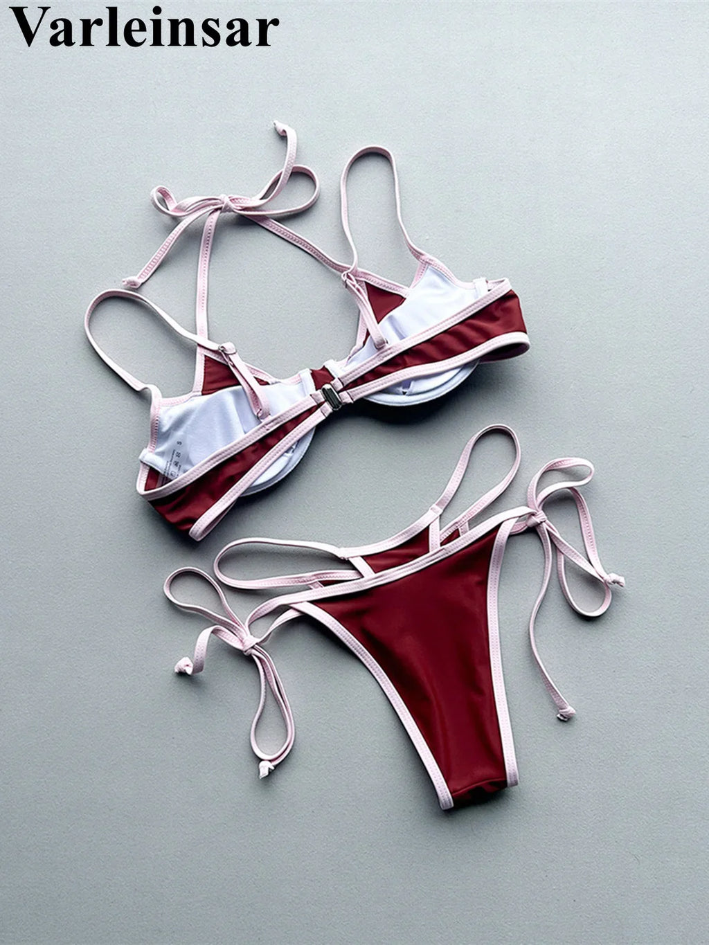 Halter Splicing Bikini Female Swimsuit Women Swimwear Two-pieces Bikini Set Underwired Strappy Bather Bathing Suit Swim V8173