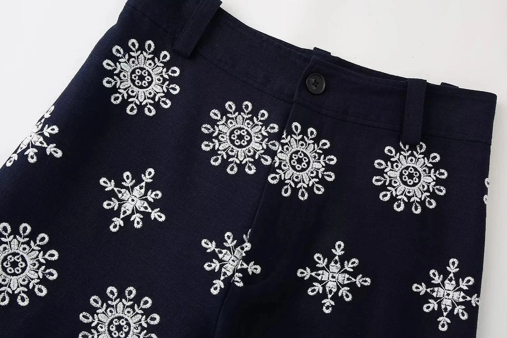 Foridol Floral Embroidery Cropped Pants Women Summer Casual Zip Navy Blue Fashion Female Pants Pantalones 2025 Mujer