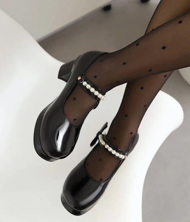 Pearl Beaded High Heels Shoes Ladies Wedding Mary Janes Block Heeled Pumps Woman Hook&Loop Tacones Wedges Escarpins Femme