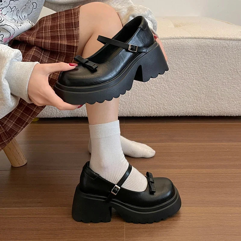 Japanese Style Bow Chunky Platform Pumps Women Ankle Buckle Thick Heels Mary Jane Shoes Woman Preppy High Heel Pu Leather Shoes