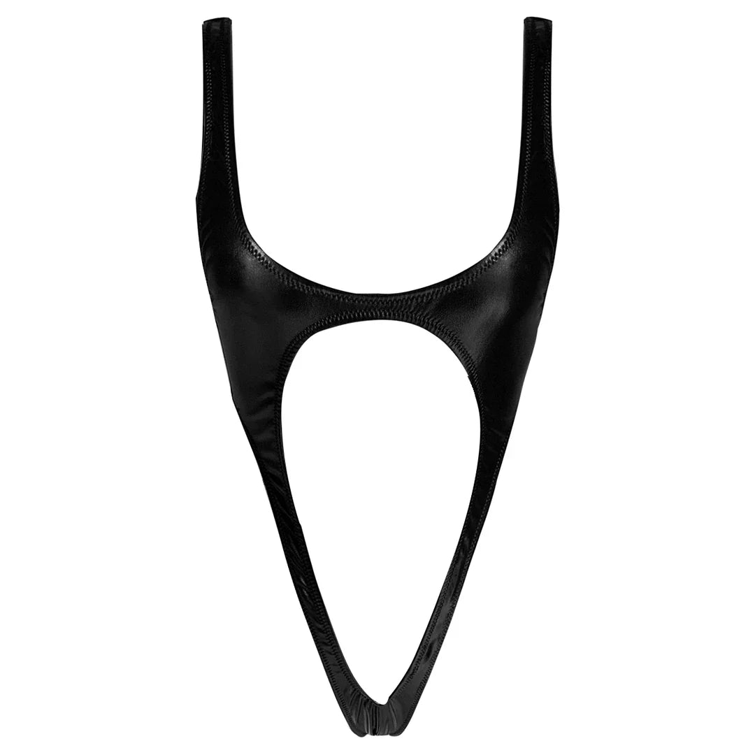 S - XL Shiny PU Faux Leather Sexy Cut Out Thong Women Swimwear One Piece Swimsuit Female Bather Bathing Suit Swim Monokini V1985