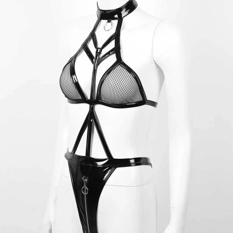 Plus Size 2XL Balck Bandage PU Leather Mesh Bodysuit Exotic Teddies Zipper Crotch Catsuit Women Sexy Lingerie Costumes