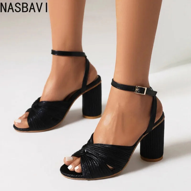NASBAVI Straps Women's Sandals Summer Shoes Luxury Peep Toe Flip Flops Round High Heels Gold Party Dance Wedding Shoes Ladies