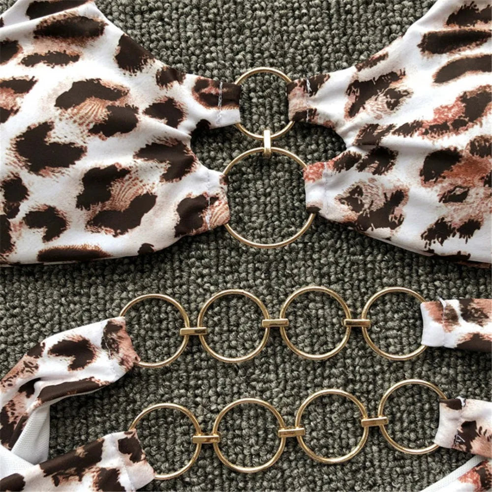 Sexy Metal Rings Leopard Brazilian Bikini Female Swimsuit Women Swimwear Two-piece Bikini set Bather Bathing Suit Swim V1441L