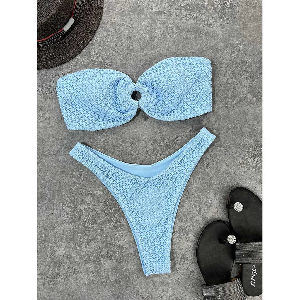 Sexy Wrinkled Bandeau Strapless Bikini Women Swimwear Female Swimsuit Two-Pieces Bikini Set Bather Bathing Suit Swim Lady V3367L