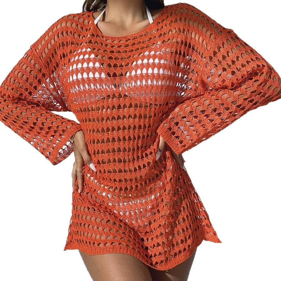 Womens Beach Cover Up Knit Solid Color Long Sleeve Dress Sexy Slim-Fit Beachwear Cover Up Beach Holiday Sun Protection Clothing
