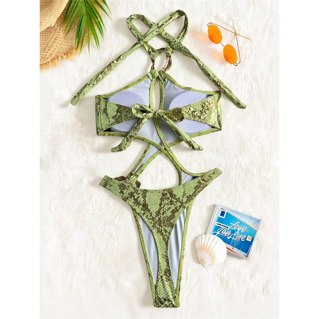 Sexy Tummy Cut Out Leopard Snakeskin Women Swimwear One Piece Swimsuit Female Halter High Cut Leg Bather Bathing Suit Swim V7972