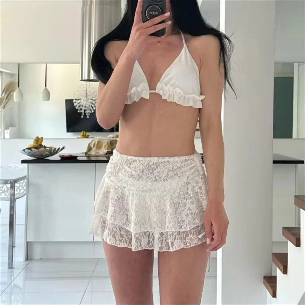 With Skirt Ruffled Frilled Halter Bikini Female Swimsuit Women Swimwear Three-pieces Bikini set Bather Bathing Suit Swim V7788