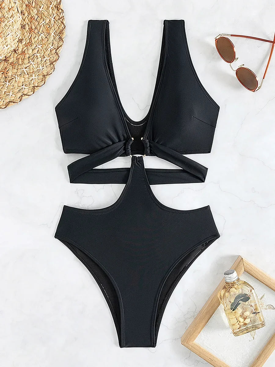 S - XL V Neck High Cut Out One Piece Swimsuit Women Swimwear Female Bather Monokini Cross Bandage Bathing Suit Swim Beachwear