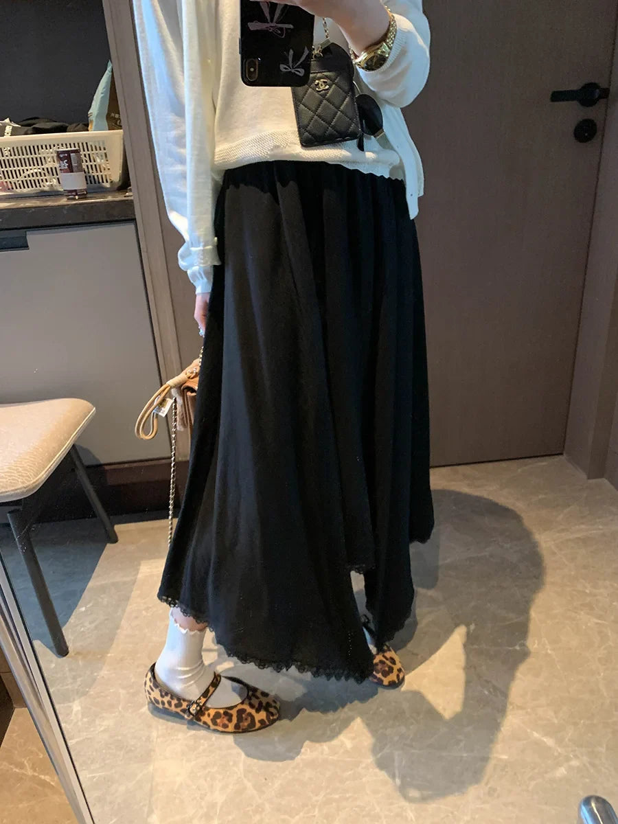 Spliced Lace Elastic High-waisted Slimming Skirt White Lace Trim Skirt Elastic Waist Casual Summer Style Skirt For Women 6S7Q