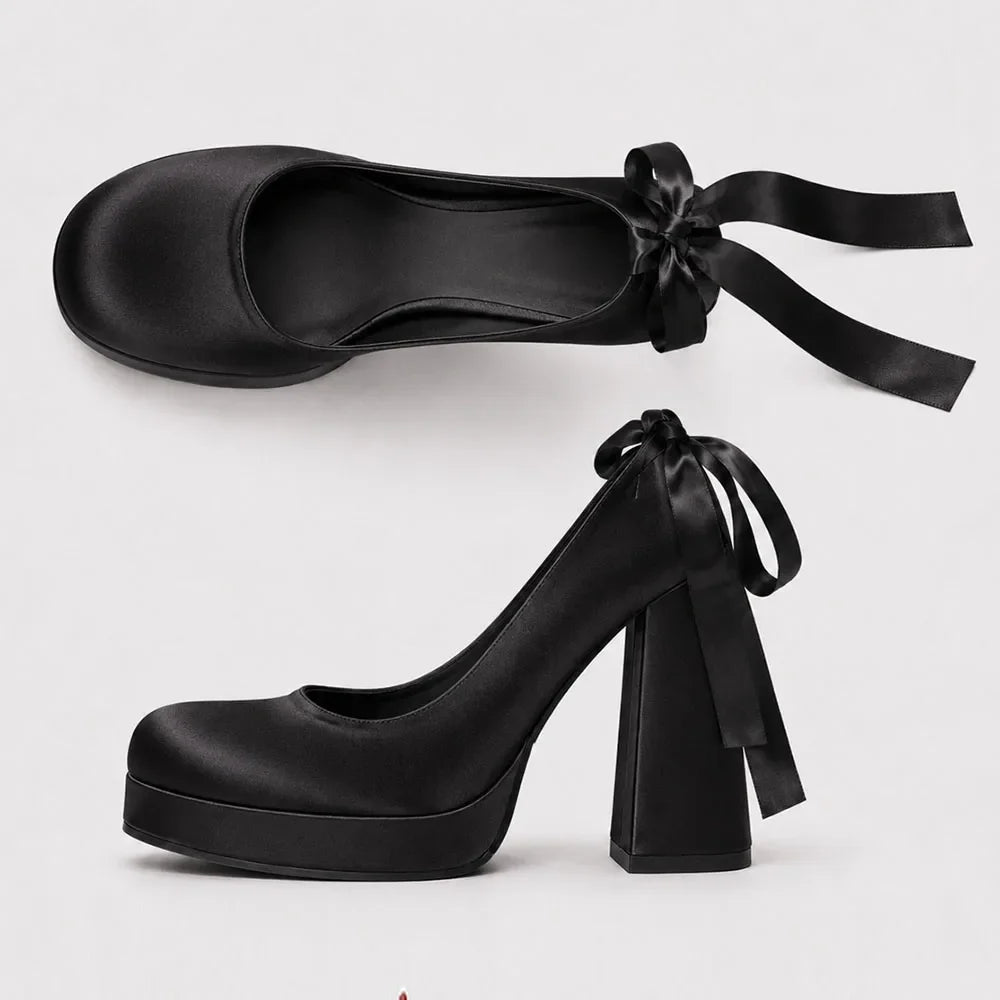 Size 42 Elegant Pink Satin Platform Block Heel Pumps Black Ribbon Wrap Ballerina Bow Wedding Party Dress Heels Shoes Women