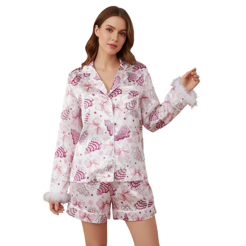 Women's Christmas 2 Pieces Pajamas Set Bow Print Fur Trim Button Down Long Sleeve Lapel V Neck Tops and Pants Lounge Wear