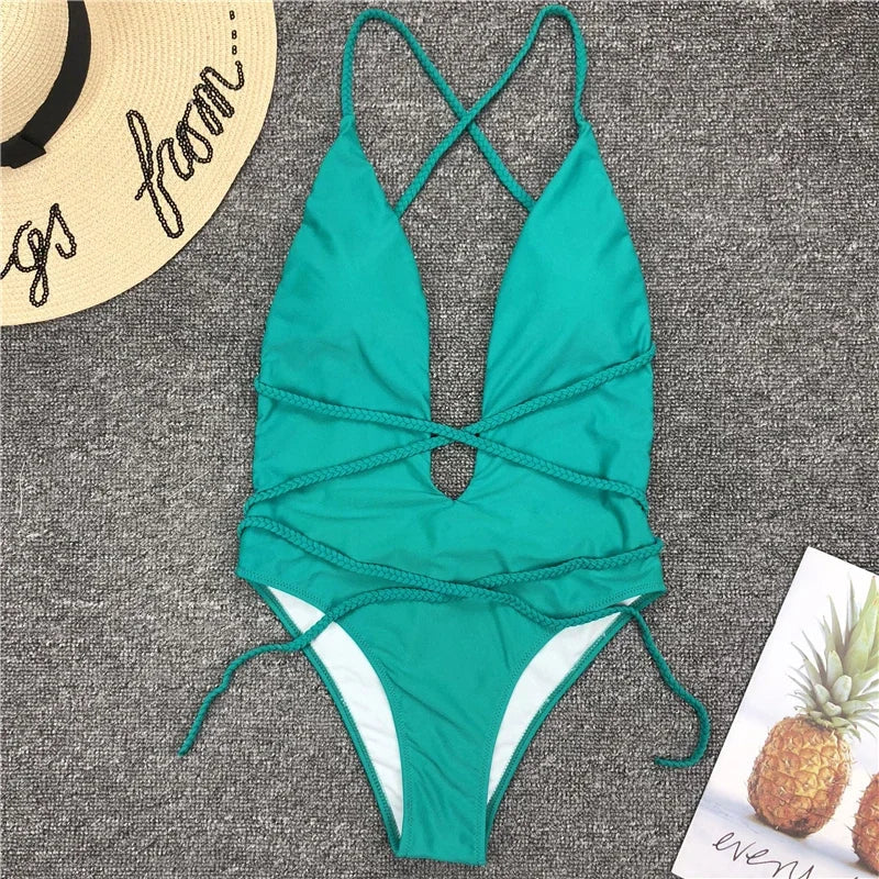 Sexy Deep V Neck Wrap Around Female Swimwear One Piece Swimsuit Women Backless Monokini High Leg Cut Bathing Suit Swim Beachwear