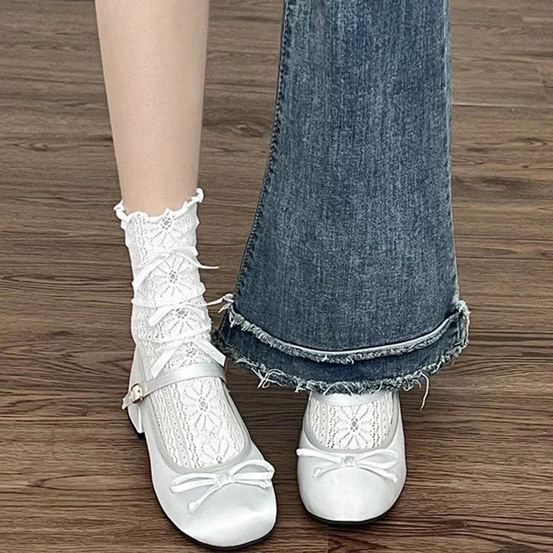 2025 spring cute sweet Bowknot Mary Janes for Women  vintage Silk Med Heels  pumps Ladies  Banquet Wedding Single Shoes Mujer