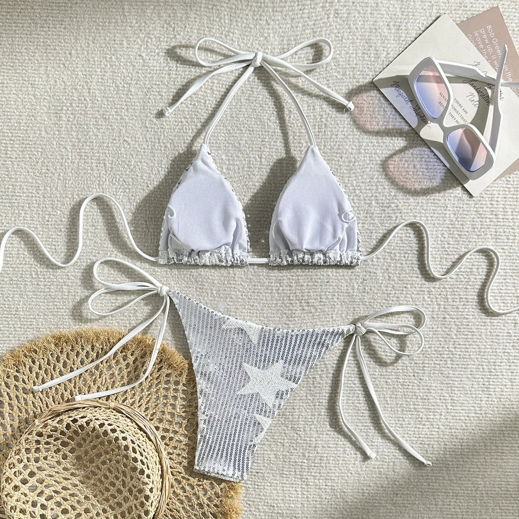 Shiny Star Sequin Split Bikini Set for Women 2025 Summer Push Up 2 Piece Swimsuit V-neck Beach Vacation Bathing Suit Swimwear