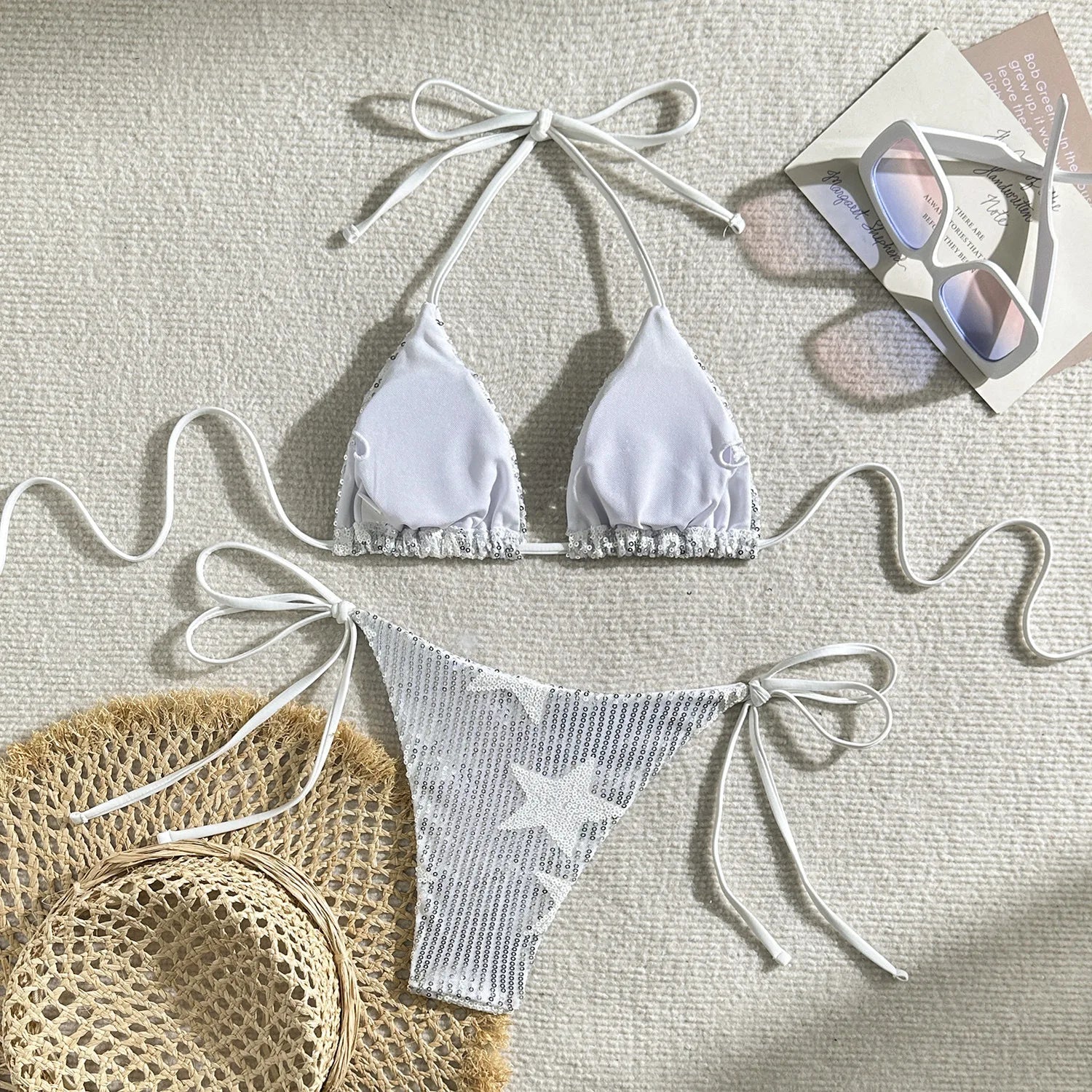 Shiny Star Sequin Split Bikini Set for Women 2025 Summer Push Up 2 Piece Swimsuit V-neck Beach Vacation Bathing Suit Swimwear