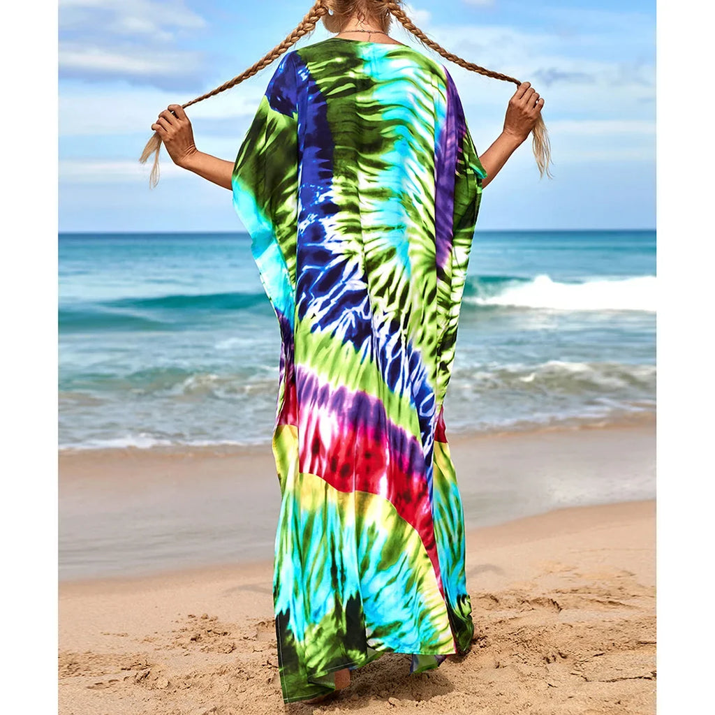 2026 New Colorful Kaftan Tunic Beach Dress Beach Wear Beachwear Beach Cover Up Cover-upsLoose Maxi Dress Female Women V4428