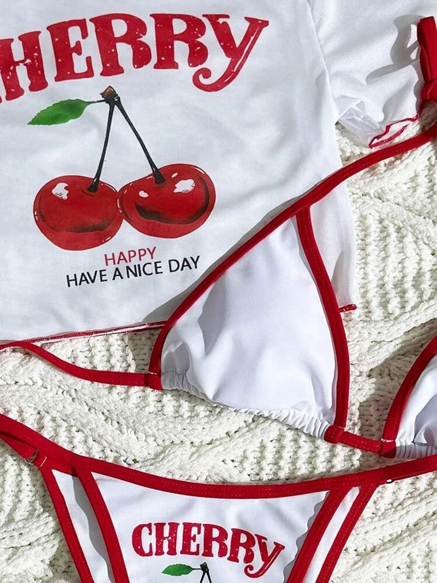 Cherry Print Mesh Short Sleeve Mini Bikini Female Swimsuit Women Swimwear Three-pieces Bikini Set Bathing Suit Swim Beachwear