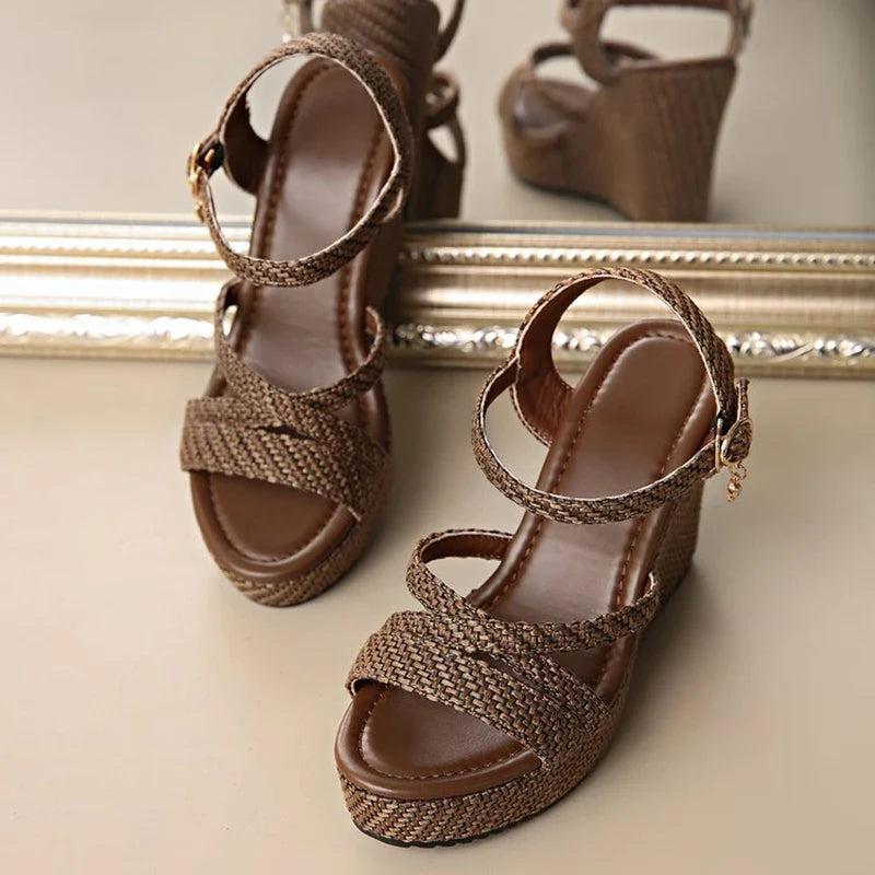 Ankle Buckle Coffee Wedges Sandals Women 2026 Summer Woven Chunky Platform Sandles Woman Peep Toe Plus Size Fashion Sandals 42