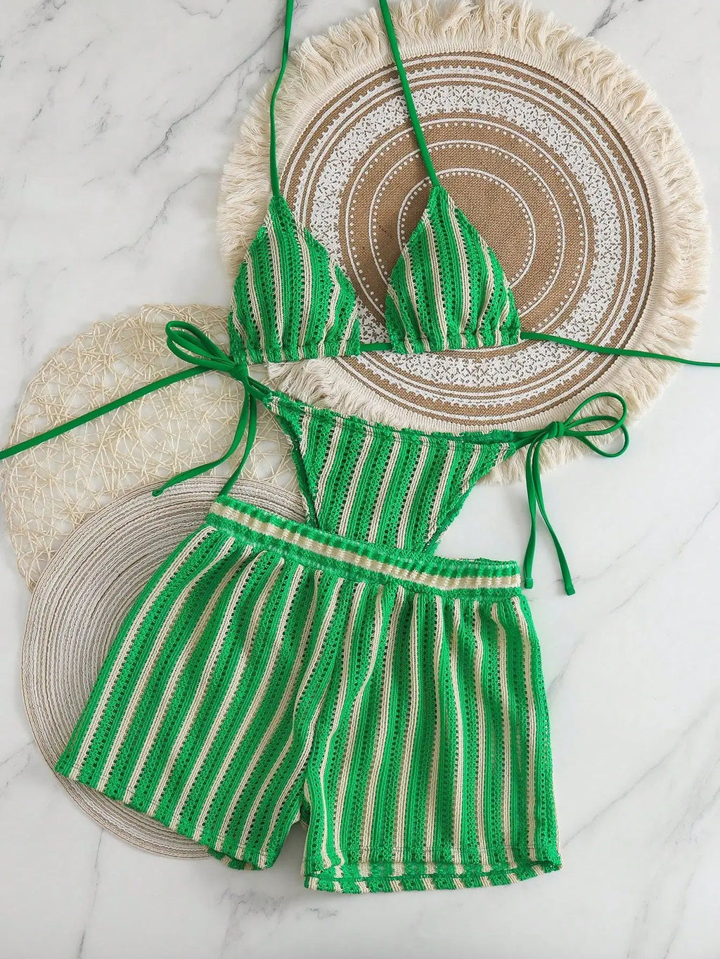 2026 Summer Women 3 Pieces Swimsuit Striped Print Halter Lace-up Backless Swimwear Sexy Micro Bikini Set Shorts Suits Beachwear