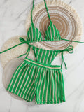 2026 Summer Women 3 Pieces Swimsuit Striped Print Halter Lace-up Backless Swimwear Sexy Micro Bikini Set Shorts Suits Beachwear